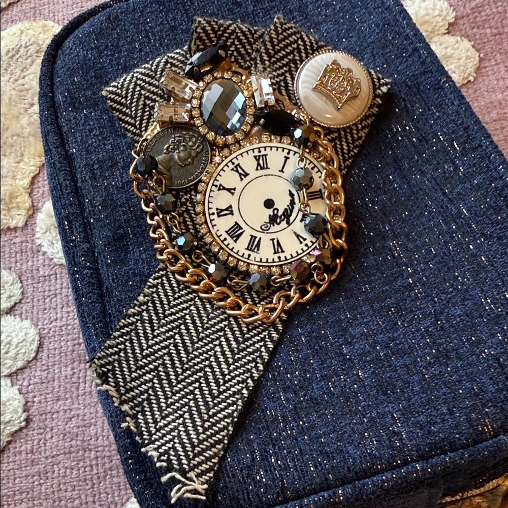Embellished Denim Clutch with Clock Design
